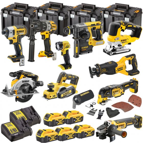DEWALT CORDLESS 18V BRUSHLESS 10 PIECE KIT WITH 5 X 5.0AH BATTERIES, 2 X CHARGERS AND 4 X TSTAK CASES