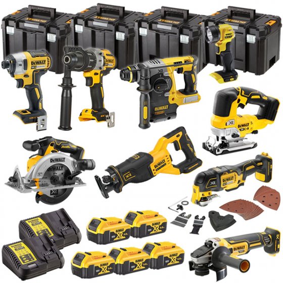 DEWALT CORDLESS 18V BRUSHLESS 9 PIECE KIT WITH 5 X 5.0AH BATTERIES, 2 X CHARGERS AND 4 X 23L TSTAK IV CASES
