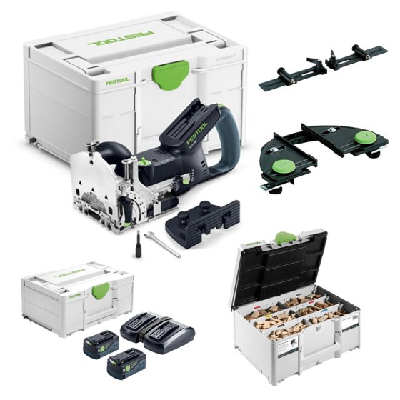 FESTOOL DOMINO DFC 500 E- BASIC JOINING MACHINE WITH DOMINO ASSORTMENT SET, SLAT STOP, CROSS STOP AND ENERGY SET SYS 18V 2X5,0/TCL 6 DUO