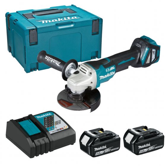 MAKITA DGA517RTJ 18V BRUSHLESS ANGLE GRINDER 125MM PADDLE SWITCH WITH 2X5.0AH BATTERIES, CHARGER & MAK CASE 3 