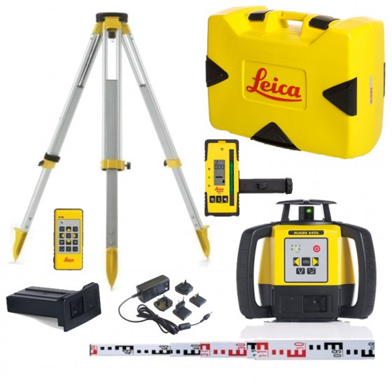 LEICA RUGBY 640G LI-ION GREEN BEAM MULTI-PURPOSE ROTATING LASER WITH 120G ROD EYE RECEIVER, RC400 REMOTE CONTROL, TRIPOD AND STAFF