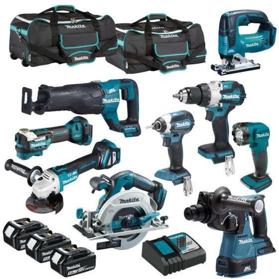 MAKITA 18V BRUSHLESS 9 PIECES KIT WITH 3x5.0AH BATTERIES, CHARGER AND TOOL BAGS