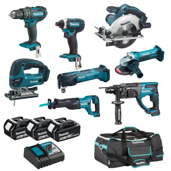 MAKITA 18V 8 PIECE KIT WITH 3 X 5AH BATTERIES, CHARGER AND TOOL BAG