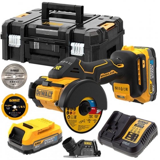 DEWALT DCS438E2T-GB 18V XR BRUSHLESS 76MM CUT OFF TOOL KIT WITH 2 X POWERSTACK BATTERIES, CHARGER & TSTAK CASE