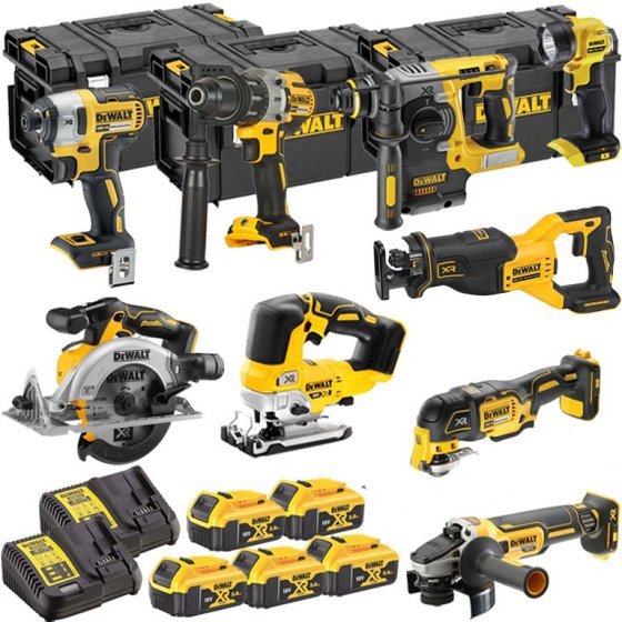 DEWALT CORDLESS 18V BRUSHLESS 9 PIECE KIT WITH 5 X 5.0AH BATTERIES, 2 X CHARGERS AND 3 X TOUGHSYSTEM TOOLBOXES