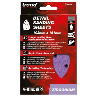TREND AB/DET/60Z ZIRCONIUM 102 X 151MM DIAMETER 60 GRIT DETAIL SANDING SHEET, PACK OF 10 
