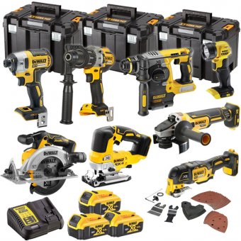 DEWALT CORDLESS 18V BRUSHLESS 8 PIECE KIT WITH 3 X 5.0AH BATTERIES, CHARGER AND 3 X 23L TSTAK IV CASES