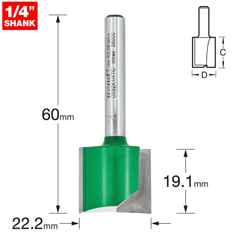 Toucan Tools Online: TREND C032 TWO FLUTE ROUTER CUTTER - 22.2MM DIAMETER