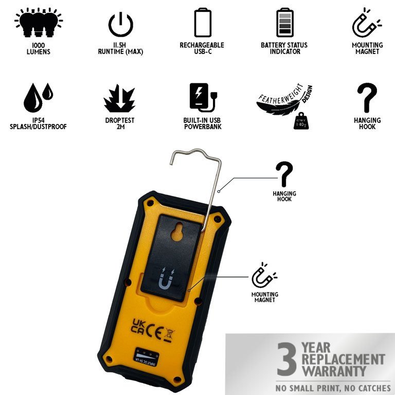 JCB PALM RECHARGEABLE 1000 LUMEN INSPECTION WORK LIGHT- JCB-WL-PALM